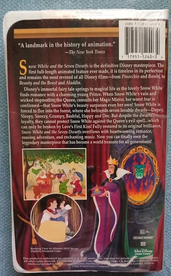 SnowWhite & 7 Dwarfs(VHS) Walt Disney's Masterpiece Collection/Brand New Sealed  - Image 2 of 2