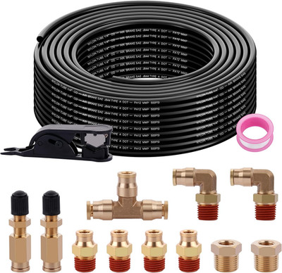 50FT 1/4 Air Hose Brass Fittings Kit 11Pcs 1/4'' OD Quick Push to Connect DOT Bra