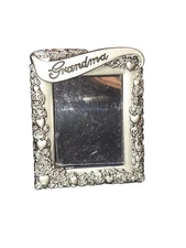"Grandma" Mini Rose & Heart Covered Pewter Picture Frame Brooch Pin 1.75"X1.5"