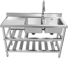 2 Compartment Commercial Sink Stainless Steel Utility Sink with Pull-out Faucet