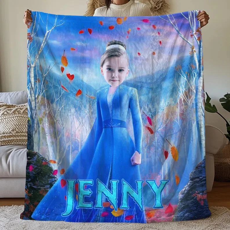 Personalized Photo Elsa Princess Blanket, Customized Photo Fleece Blanket