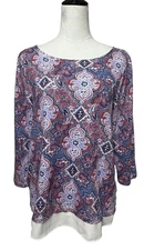 Talbots Top Womens Large Petite Purple Blue Paisley Layered Look Boat Neck Boho