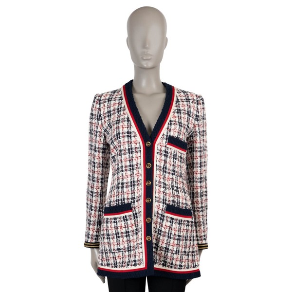 73196 Auth GUCCI White Navy Red Wool 2018 TWEED Jacket 42 M