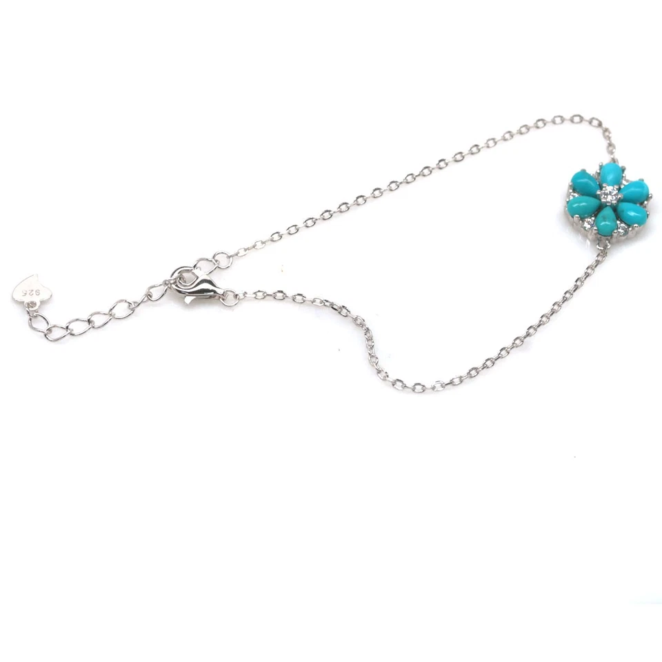 925 Sterling Silber 3 X 5 Mm. Blauer Türkis & Zirkonia Armband 7,5 In. - Bild 2 von 4