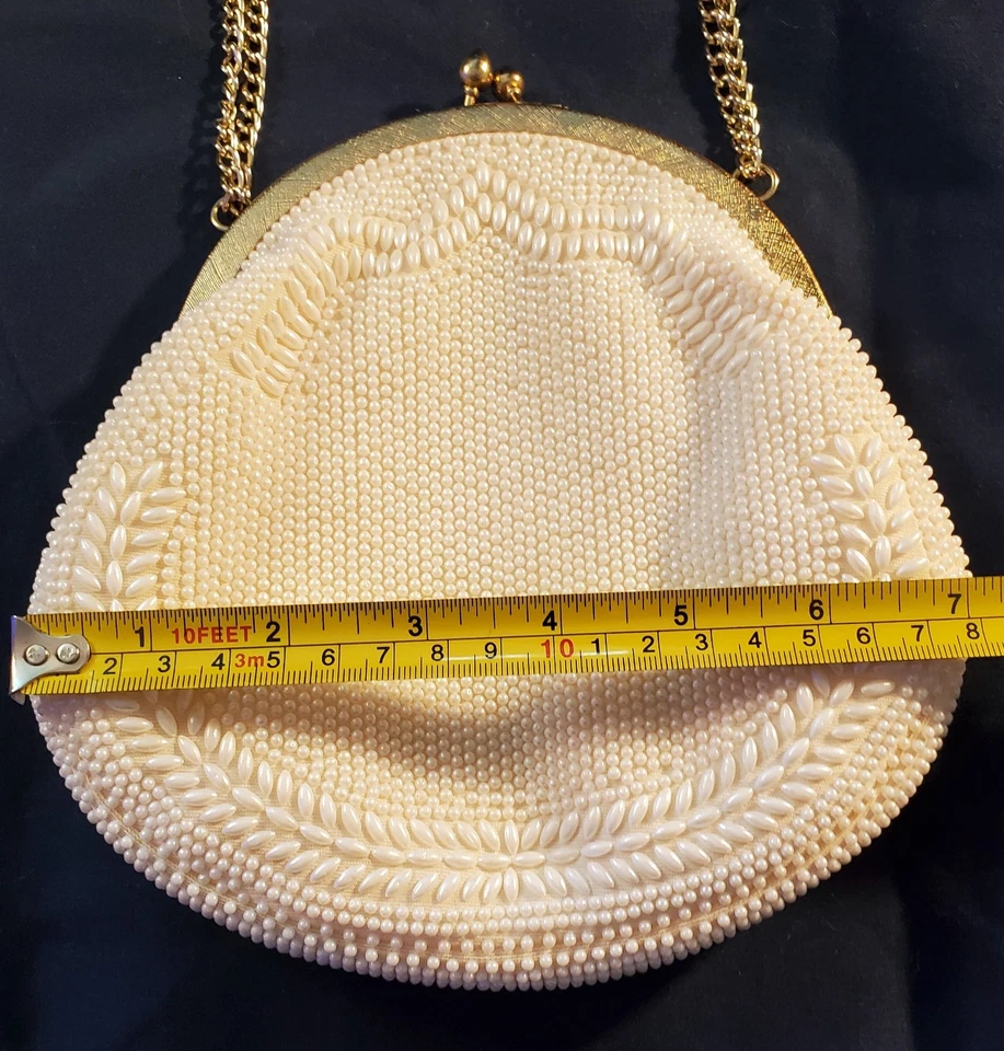 Vintage Handmade Seed Pearl Beaded Evening Bag Ivory Kiss Lock made in Hong Kong Foto 4 de 4