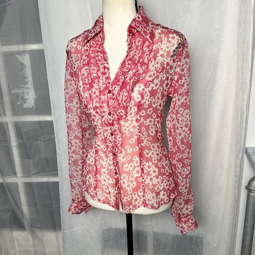 100% Silk Ruffled Tuxedo Front Button Down Collared Blouse Y2K Retro Floral - Picture 10 of 16