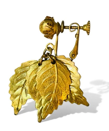 Vintage Signed Miriam Haskell Gold Tone Dangle Leaves SINGLE Clip Earring