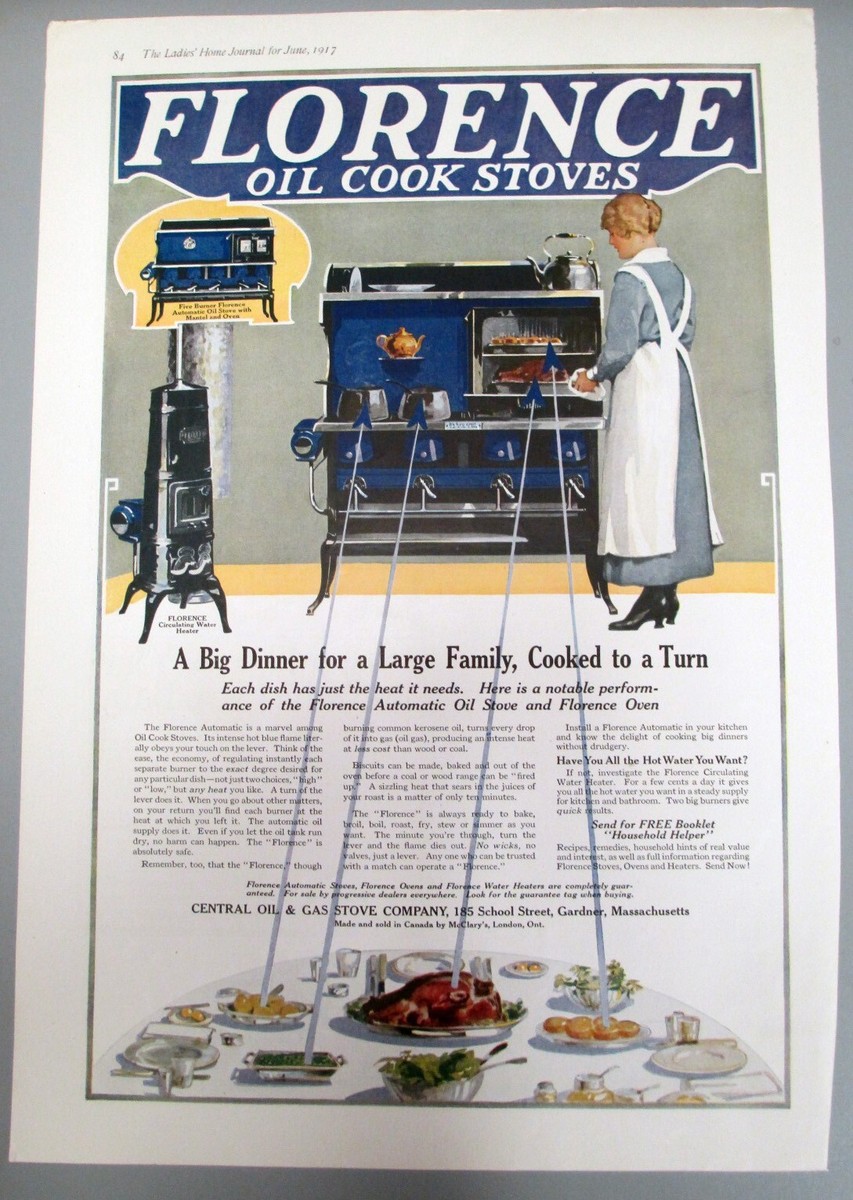 ANTIQUE 1917 &ldquo;FLORENCE OIL COOK STOVES, FARM HOUSE STOVE, NICE ART 