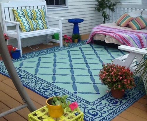 Large Deck RV Mat Reversible Rug 9 x 12 ft Outdoor Camping Blue Teal Beach Mat - Picture 5 of 14