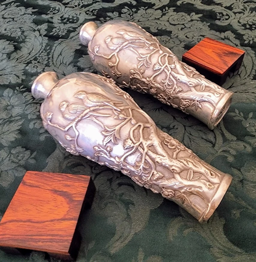 Antique Tibetan Silver washed 3-D Flower Vase Pair Display Well w-Stands - Image 4 of 4