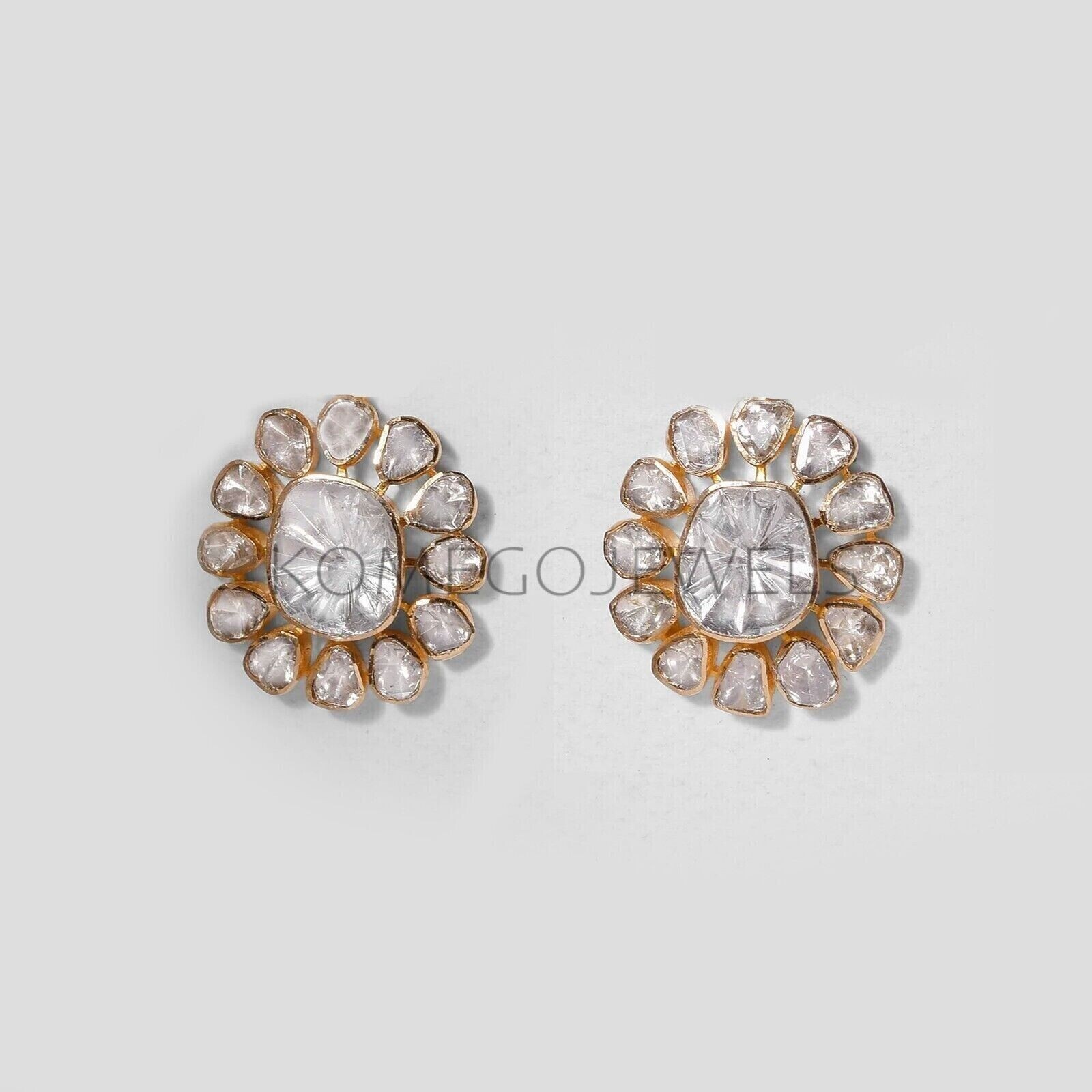 Floral Stud Earrings Natural Polki Diamond Slice Earrings Victorian Jewelry.