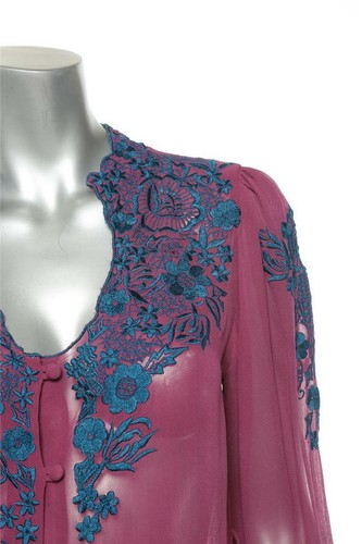 MATTHEW WILLIAMSON Purple Sheer Silk Blue Embroidered Button-Up Blouse Top 10 6 - Picture 2 of 4