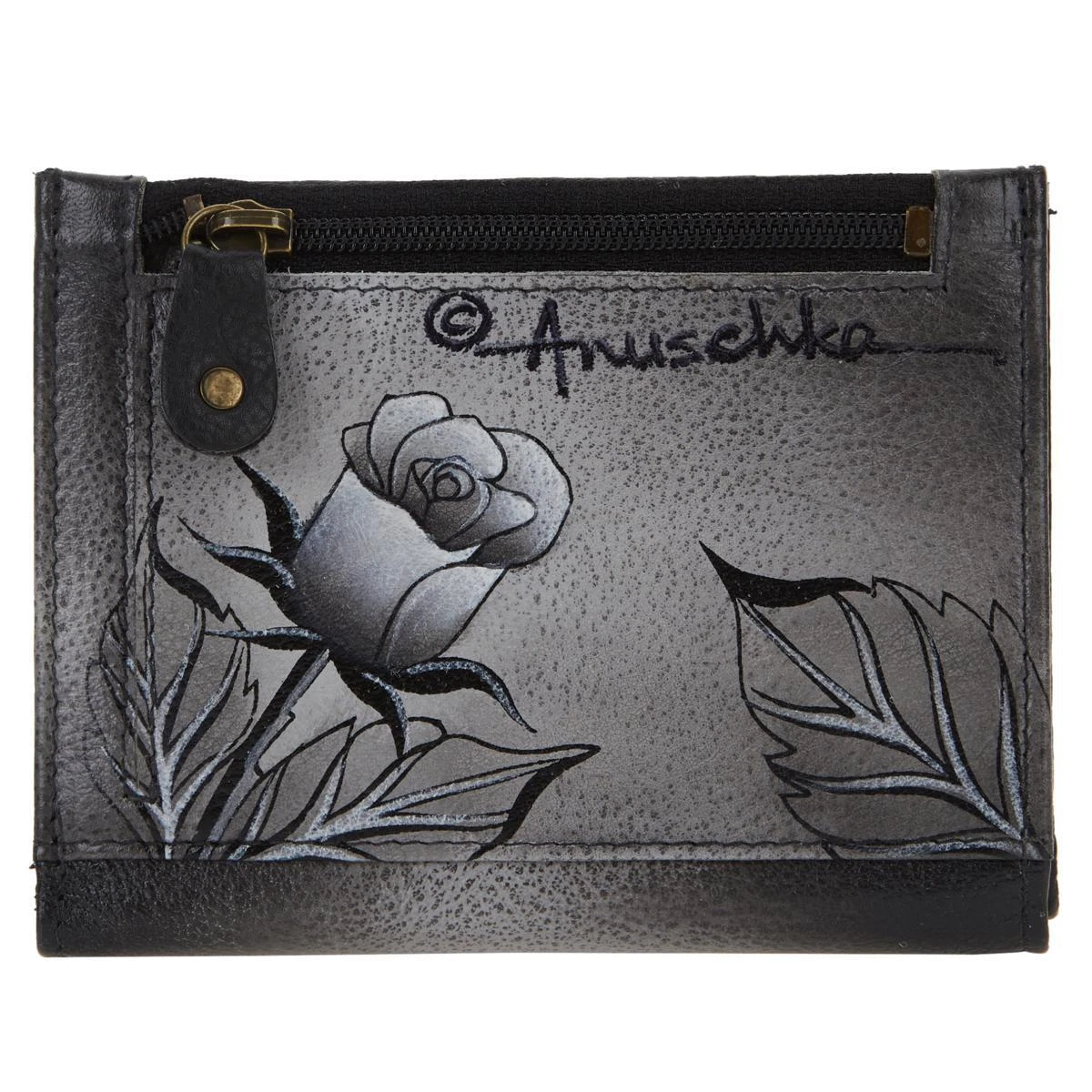 Anuschka Hand-Painted Leather Mini Two-Fold Wallet ROMANTIC ROSE BLACK NWT