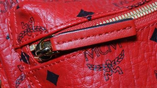 MCM Stark Mini Backpack Red Pebbled Leather Stud Visetos Monogram Bag - Picture 20 of 24
