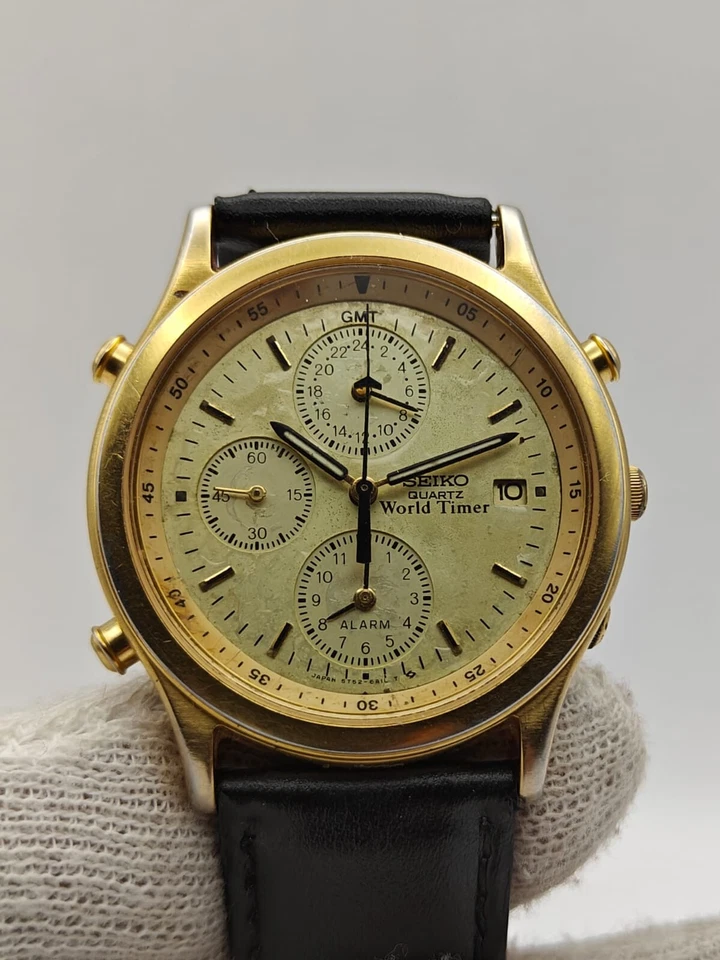 ¡¡Raro!! Reloj para hombre Seiko World Timer cronógrafo de cuarzo relleno de oro de colección 5T52-6A00 Foto 3 de 4