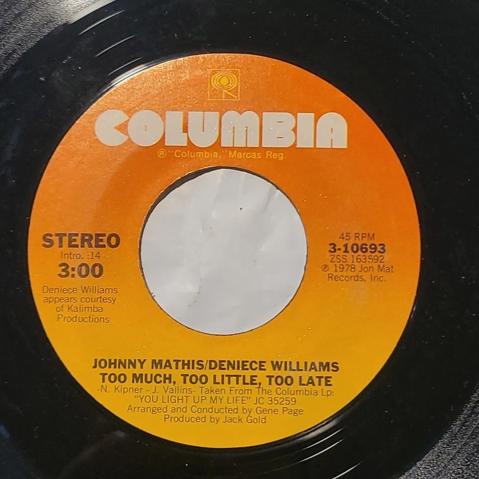 Johnny Mathis/ Deniece Willaims ~ Too Much Too Little Too Late / Emotion ~ 45 - Image 2 of 4