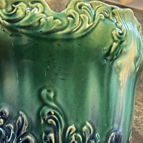 Hermosa maceta de cerámica antigua mayólica Jardiniere mezcla esmalte por goteo - Imagen 11 de 19