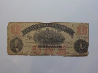 Civil War Confederate 1862 1 Dollar Bill Virginia Treasury Note Paper Money VTG