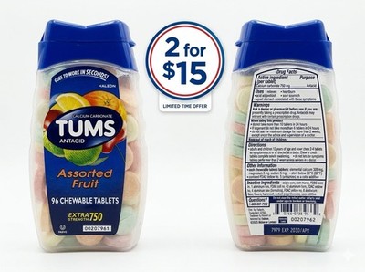 2 PACK TUMS Extra Strength Assorted Fruit 750mg Heartburn Relief 96 Chewable 