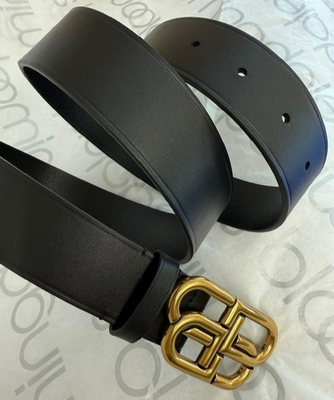 Balenciaga Gold BB Brass Buckle Men's Black Leather Belt 100cm