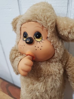 Vintage Plush Monchhichi Clone Rubber Face Nod Togs thumb sucking Blonde 10 in