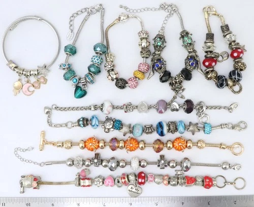 Vintage + Costume Charm Chain Bracelet Jewelry Lot Beads Rhinestone Glass Silver