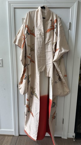 vintage japanese formal kimono Embroidered Cranes And Gold Silk