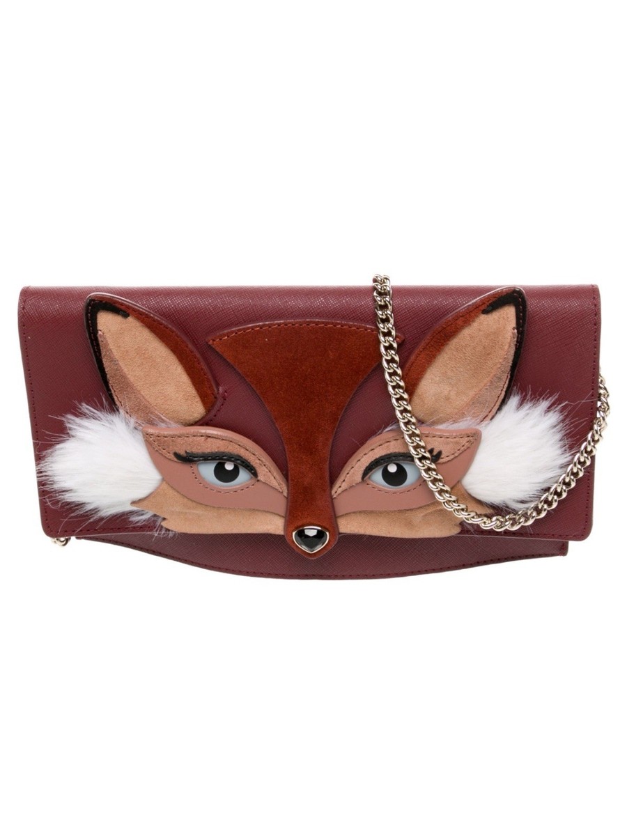 Kate Spade SO FOXY Fox Brennan Leather Clutch with Chain Shoulder