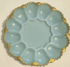 Vintage Anchor Hocking Delphite Blue Deviled Egg Serving Plate Gold Trim