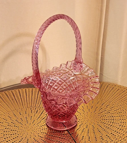 Fenton Rose Bowl Diamond Dot Basket Ruffled Edges Braided Vintage