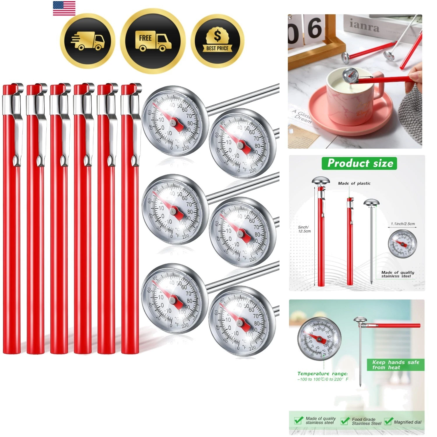 6 Pcs Stainless Steel with 5 Inch Long Stem 1 Inch Dial Thermometer Milk Frot...