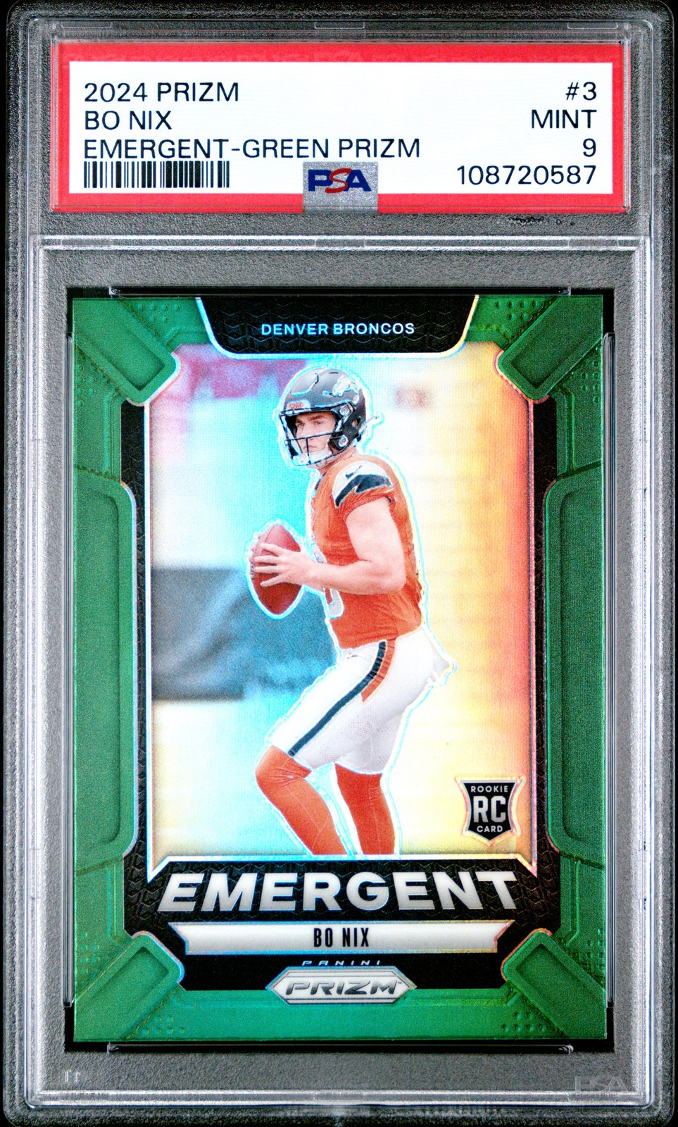 2024 Panini Prizm Emergent #3 Bo Nix Emergent-Green Prizm Rookie Card PSA 9