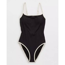 Aerie Wide Rib Scoop Full Coverage One Piece Swimsuit Retro black white size S