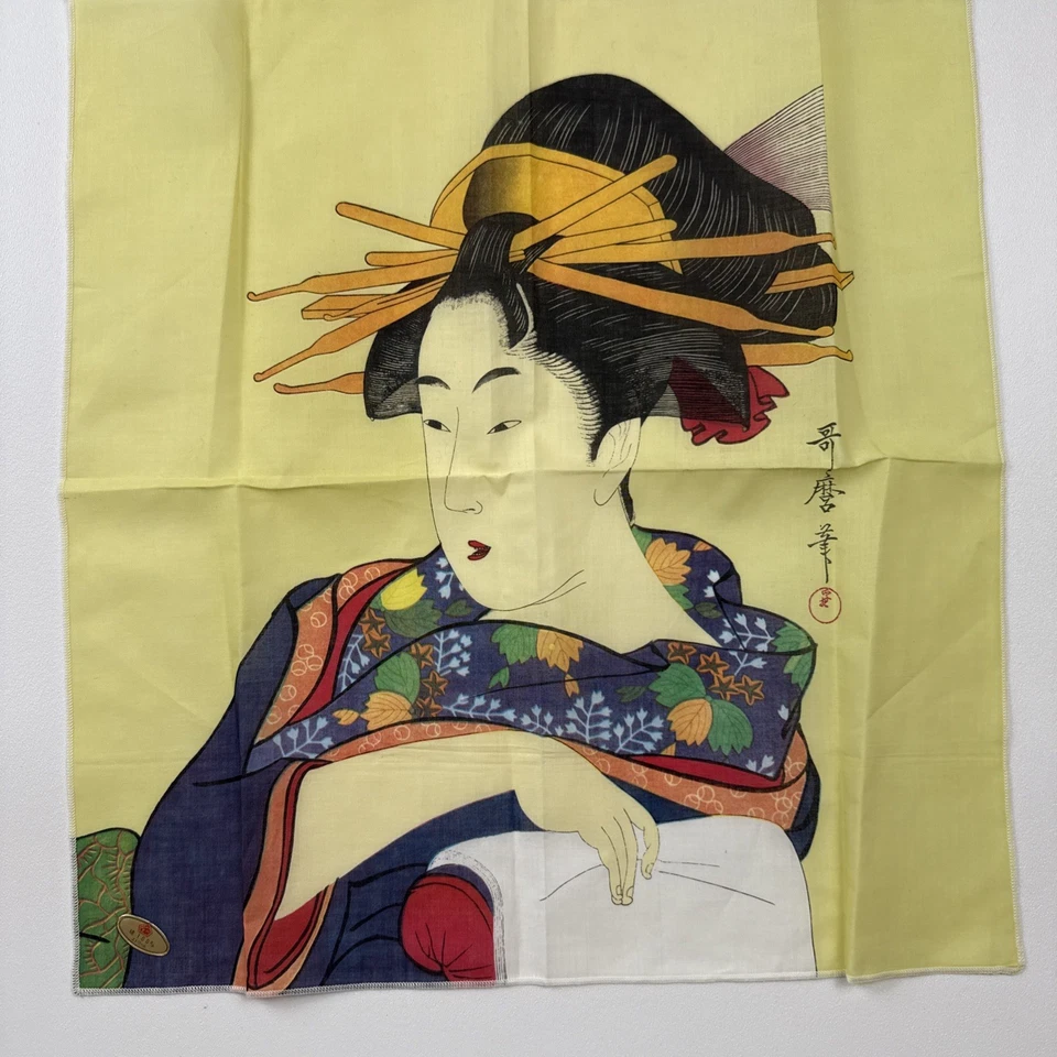 Pañuelo Kitagawa Utamaro Japón Woodblock Hankie Boho Vintage MCM Foto 2 de 4