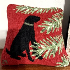 Chandler 4 Corners Laura Megroz Black Lab Red/Green Hooked Wool 17"x17" Pillow