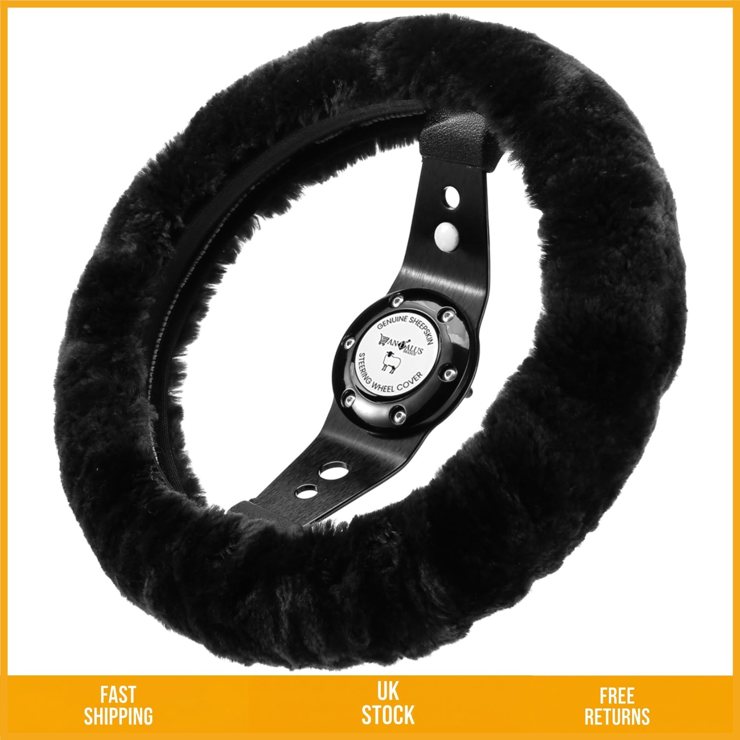 Plush Australian Sheepskin Steering Wheel Cover Universal Fit Black 14.5-16in