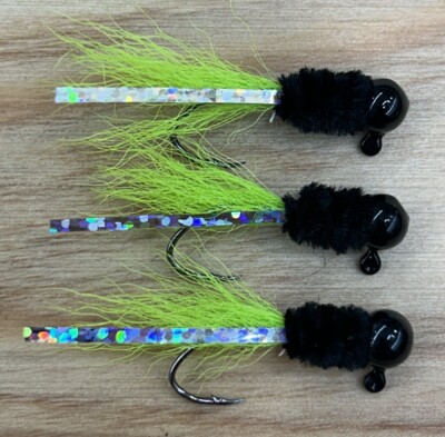 (3cnt) 1/16oz Crappie Hair Jigs #4 Nickel Sickle Hooks Black/Chart