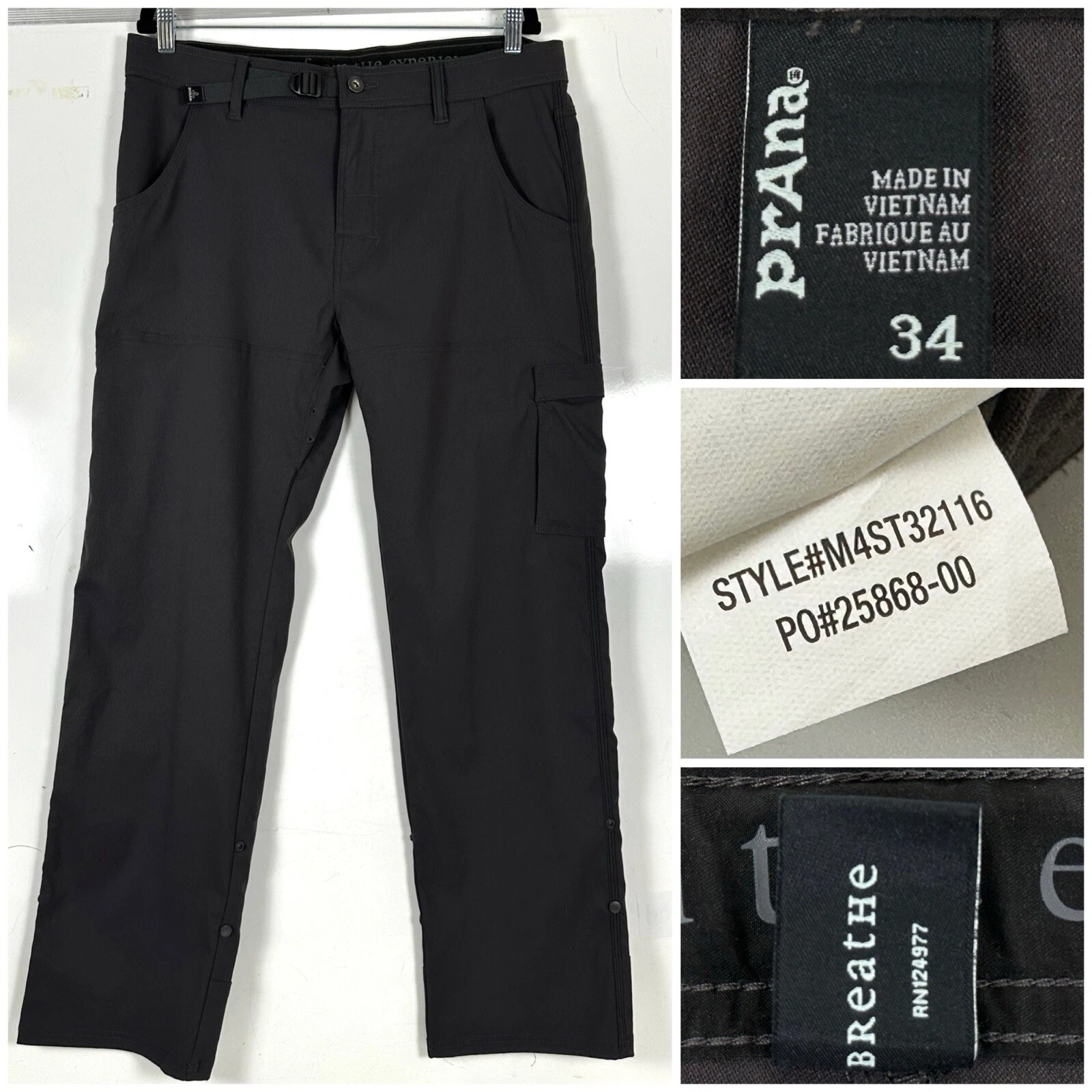 Prana Mens Size 34x32 Dark Gray Stretch Zion Breathe Nylon Cargo Hiking Pants