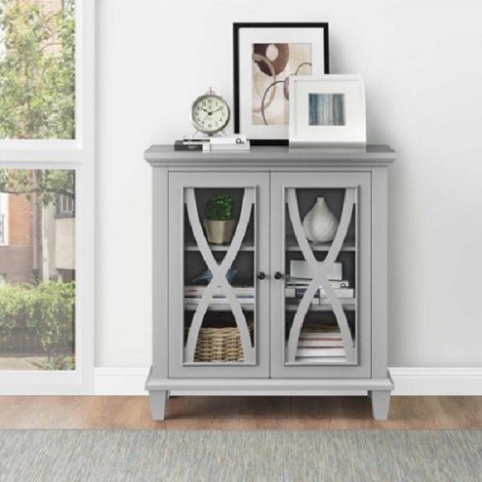 Small Accent Storage Display Cabinet 2 Glass Door 3 Shelf Antique Wood Gray For Small Accent Storage Display Cabinet 2, Small Accent Cabinet With Doors