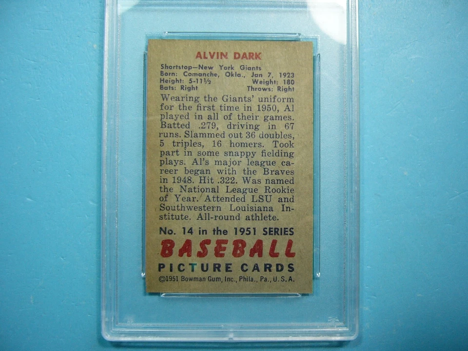 Tarjeta de béisbol 1951 Bowman MLB #14 Alvin Dark PSA 6 ¡¡Ex/Nueva nítida!! '51 GL Foto 4 de 4