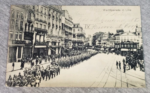 WW1 Imperial German Postcard Guard Parade in Lille France Feldpost IX Reserve