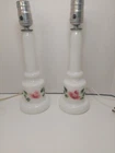 Vintage Milk Glass Lamp 12" Tall Hand Painted Flowers Roses Set Of 2 Cottagecore
