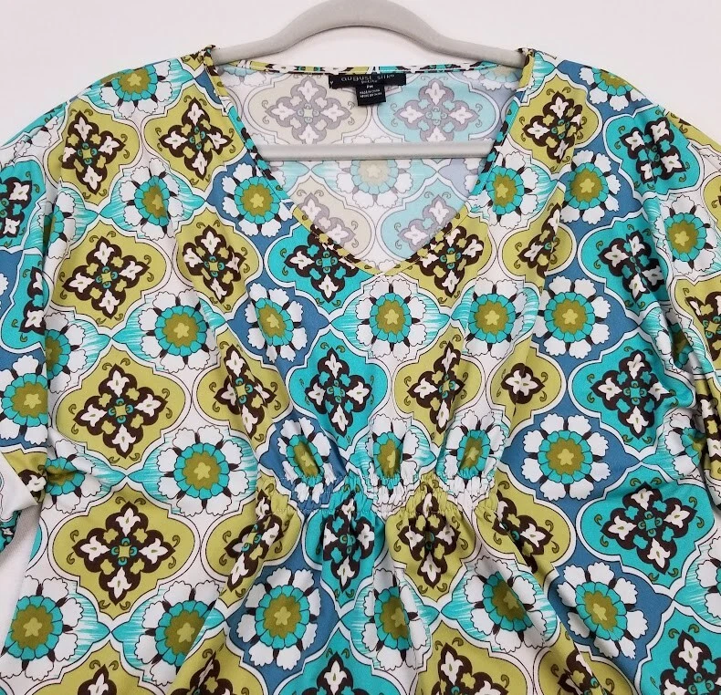 Blusa de seda August para mujer pequeña mediana PM multicolor floral manga corta cuello en V Foto 2 de 4