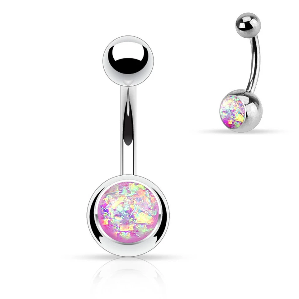 Synthetic Opal Glitter Set 316L Surgical Steel Navel Belly Button Ring 14g 3/8" - Image 2 of 4