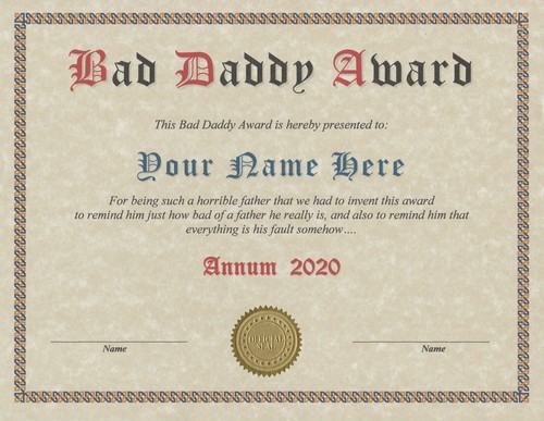 NOVELTY CERTIFICATE BAD DADDY AWARD - Custom Made to Order - Frame Not Included - Picture 9 of 10