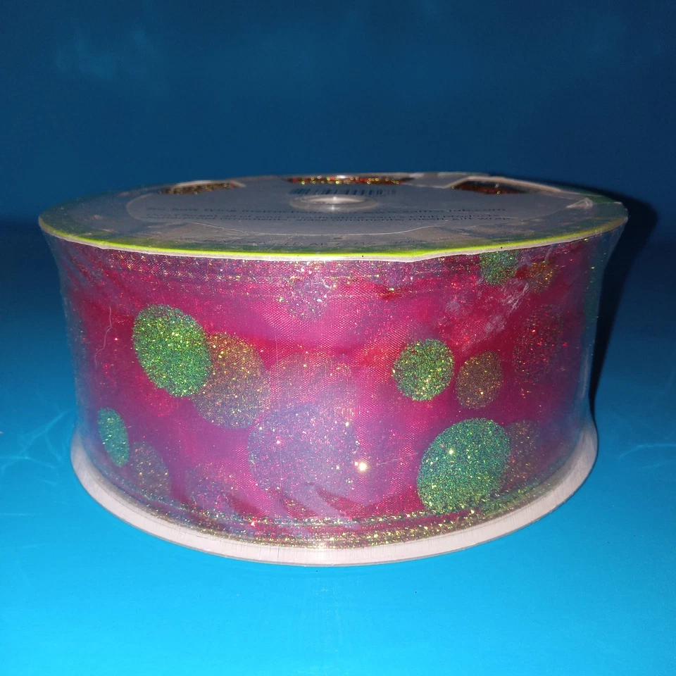 Sam's Club 2,5” x 50 jardas designer fita com fio vermelho verde bolinhas com glitter novo em folha - Imagem 2 de 4