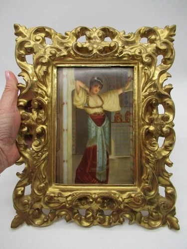 c1900 HP Firenze Porcelain Plaque Exotic Girl in Ornate Italian Gilt Wood Frame