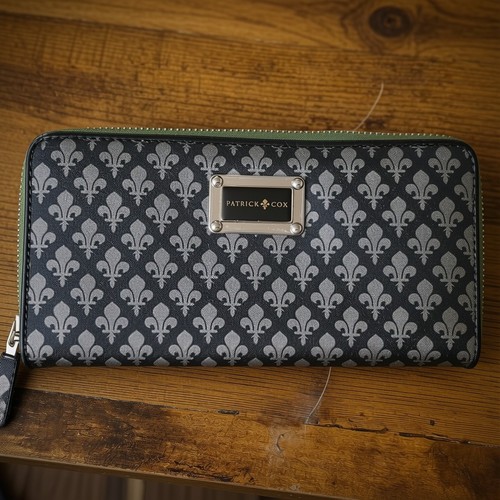 Vintage Patrick Cox Fleur-de-Lis Monogram Zip Around Long Wallet Y2K Canvas