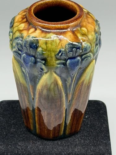 1920s Brush McCoy Amaryllis Miniature Vase, Cobalt & Brown, 4.25",  some chips