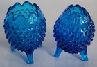 2 VTG FENTON Art Glass - HOBNAIL (COLONIAL) BLUE Three Footed Egg Shaped Vases